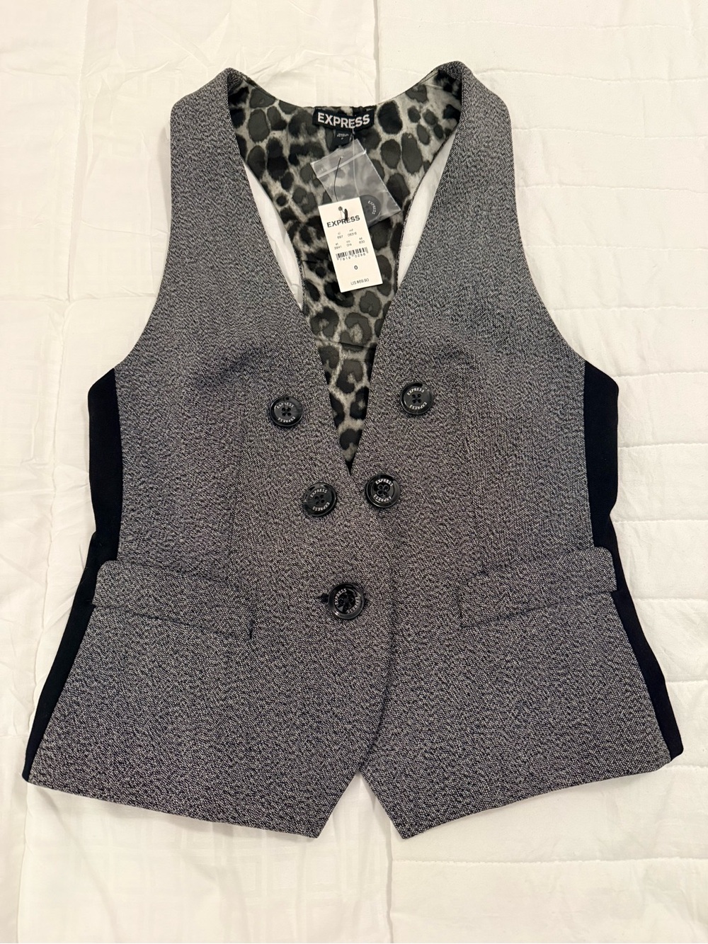 Express Gray Textured Double-Breasted Vest with Black Side Panels